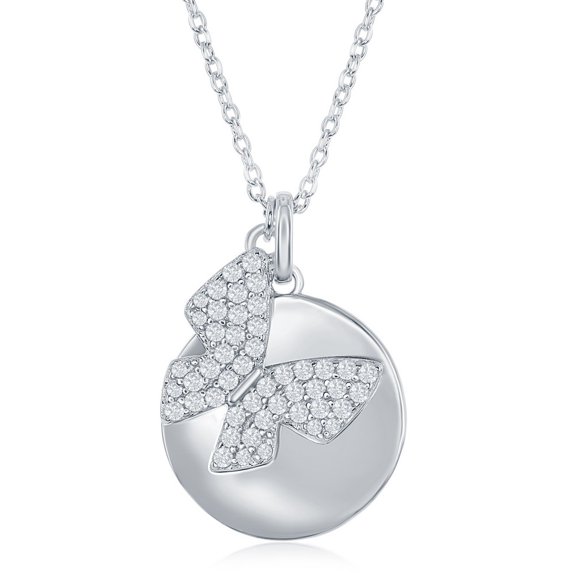 TheJewelryHut Fancy Designer Sterling Silver Shiny Disc with Micro Pave Butterfly Necklace