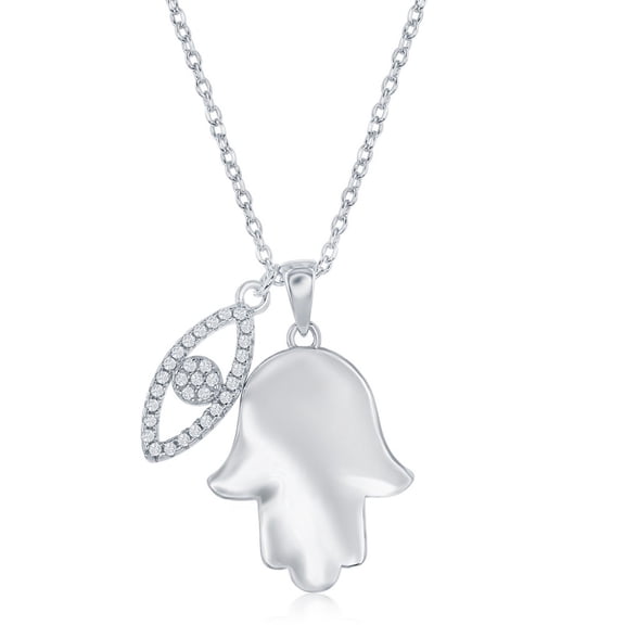 TheJewelryHut Fancy Designer Sterling Silver Shiny Hamsa with CZ Evil Eye Necklace