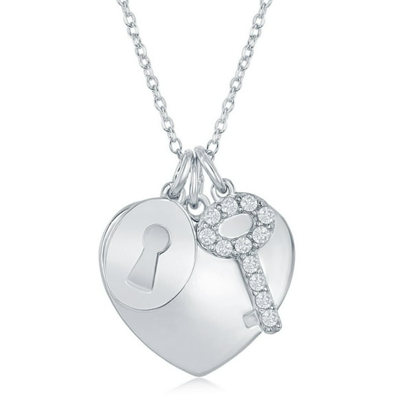 TheJewelryHut Fancy Designer Sterling Silver Shiny Heart with CZ Lock & Key Necklace