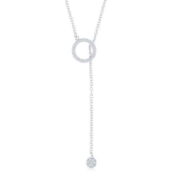 TheJewelryHut Fancy Designer Sterling Silver Small Open CZ Ring with Dangling Chain and Small CZ Disc Necklace