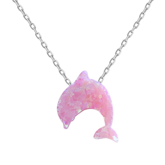 TheJewelryHut Fancy Designer Sterling Silver Small Pink Opal Dolphin Necklace