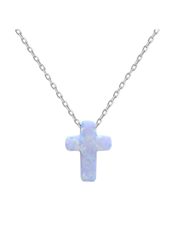 TheJewelryHut Fancy Designer Sterling Silver Small White Opal Cross Necklace
