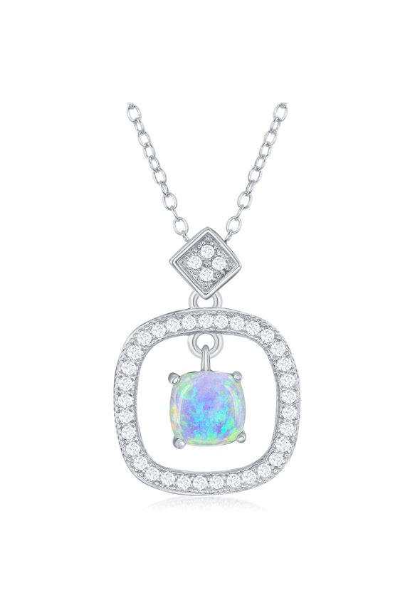 TheJewelryHut Fancy Designer Sterling Silver Square CZ with White Inlay Opal Center Necklace