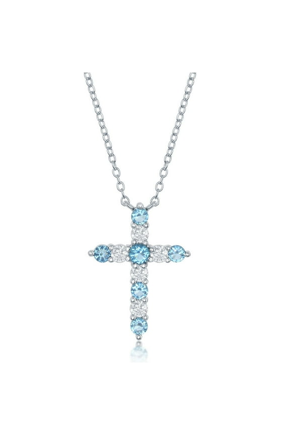 TheJewelryHut Fancy Designer Sterling Silver Swiss Blue CZ 'December Birthstone' Cross Necklace