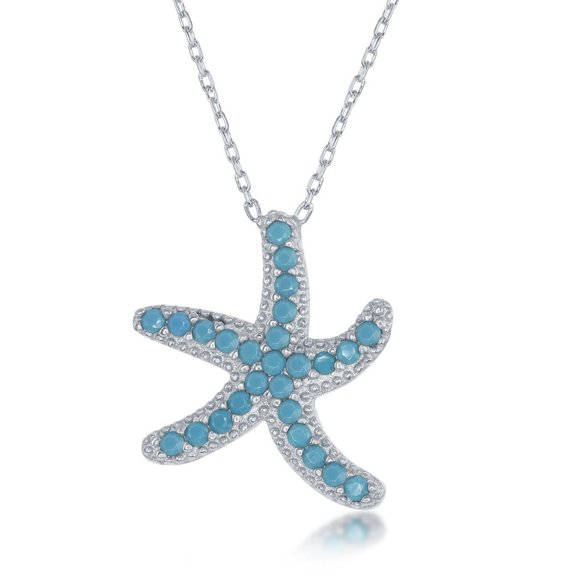 TheJewelryHut Fancy Designer Sterling Silver Torquoise CZ Starfish Necklace