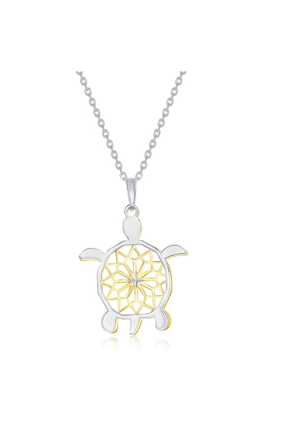 TheJewelryHut Fancy Designer Sterling Silver Two-Tone Fancy Diamond-Cut Design Sea Turtle Necklace