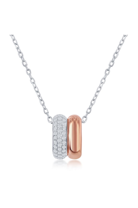 TheJewelryHut Fancy Designer Sterling Silver Two-Tone Rose Gold Micro Pave Double Oval Necklace