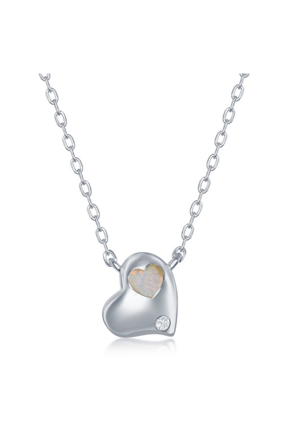 TheJewelryHut Fancy Designer Sterling Silver White Inlay Opal & CZ Heart Necklace