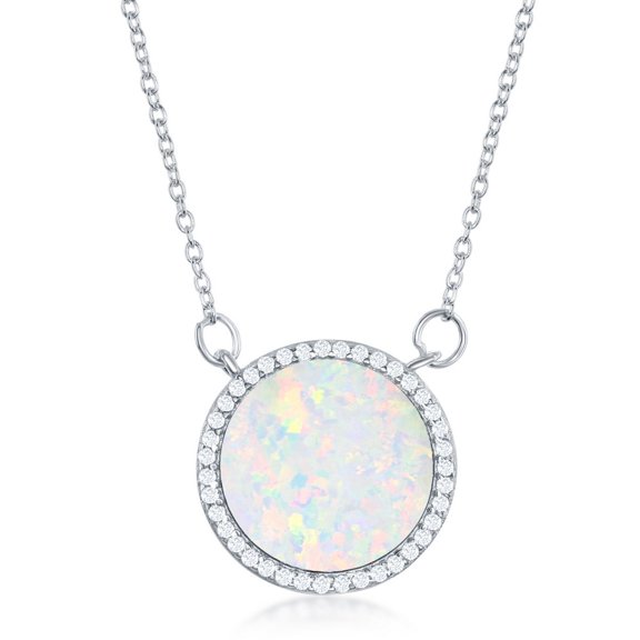 TheJewelryHut Fancy Designer Sterling Silver White Inlay Opal Circle with Cz Border Necklace
