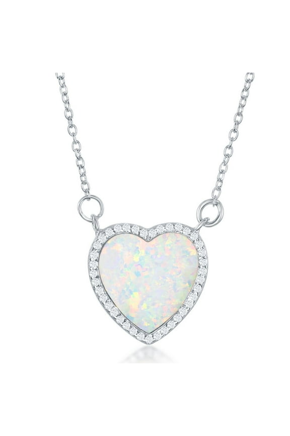 TheJewelryHut Fancy Designer Sterling Silver White Inlay Opal Heart with CZ Border Necklace