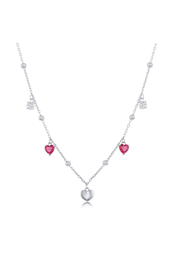 TheJewelryHut Fancy Designer Sterling Silver White & Ruby CZ Heart Beaded Necklace