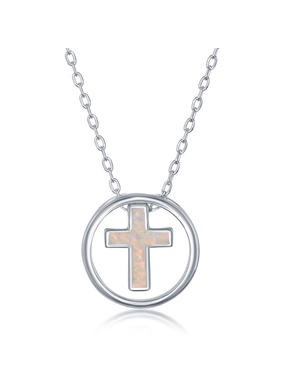 TheJewelryHut Fancy Designer Sterling Silver Whtie Inlay Opal Cross Disc Necklace