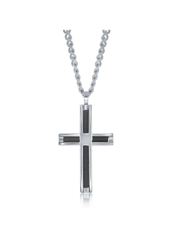 TheJewelryHut Favcy Designer Stainless Steel Polished and Black Wire Cross Necklace
