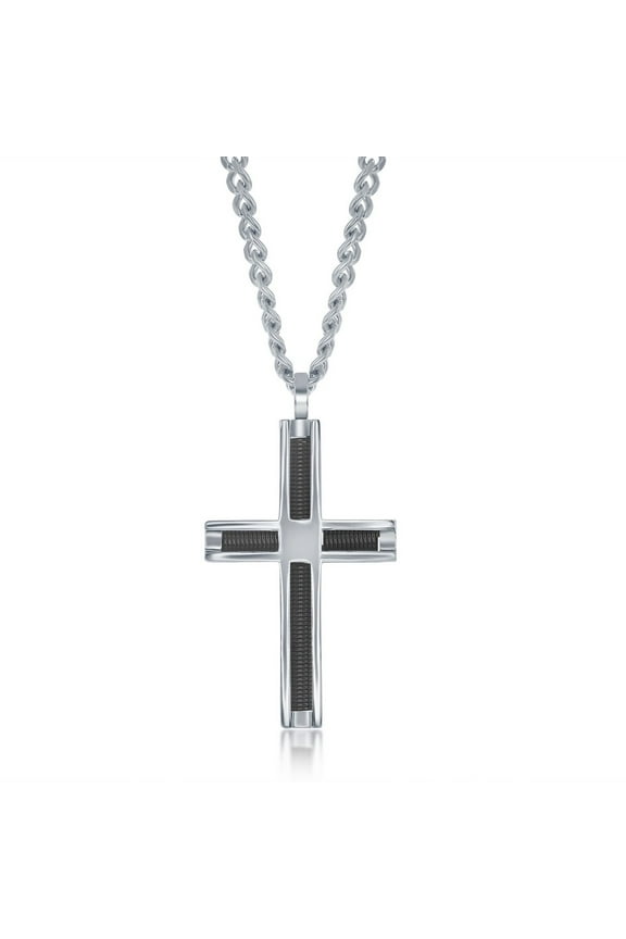 TheJewelryHut Favcy Designer Stainless Steel Polished and Black Wire Cross Necklace