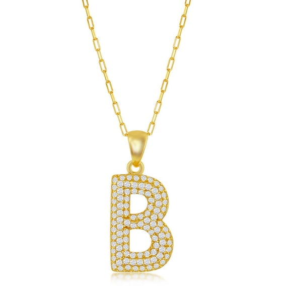 TheJewelryHut Favcy Designer Sterling Silver Micro Pave CZ 'B' Block Initial w/ Paperclip Chain - Gold Plated
