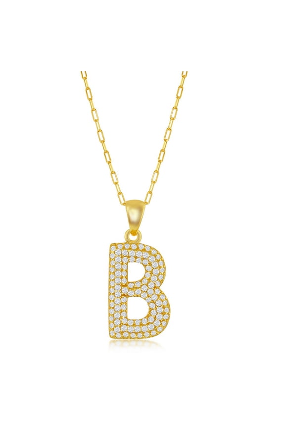 TheJewelryHut Favcy Designer Sterling Silver Micro Pave CZ 'B' Block Initial w/ Paperclip Chain - Gold Plated