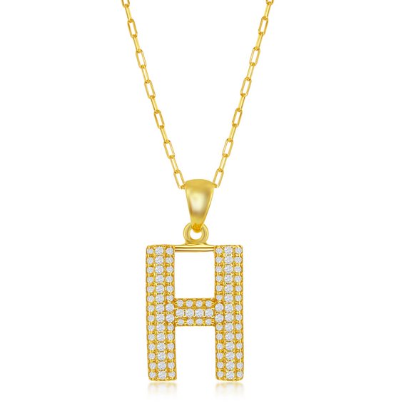 TheJewelryHut Favcy Designer Sterling Silver Micro Pave CZ 'H' Block Initial w/ Paperclip Chain - Gold Plated