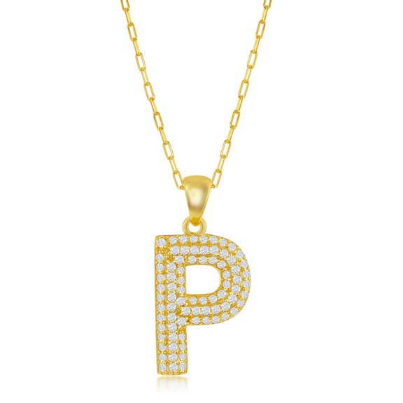 TheJewelryHut Favcy Designer Sterling Silver Micro Pave CZ 'P' Block Initial w/ Paperclip Chain - Gold Plated