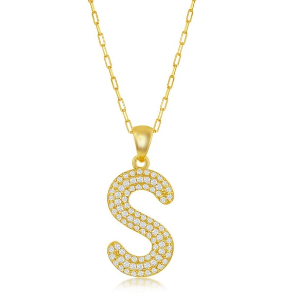 TheJewelryHut Favcy Designer Sterling Silver Micro Pave CZ 'S' Block Initial w/ Paperclip Chain - Gold Plated