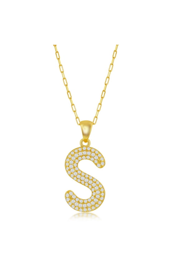 TheJewelryHut Favcy Designer Sterling Silver Micro Pave CZ 'S' Block Initial w/ Paperclip Chain - Gold Plated