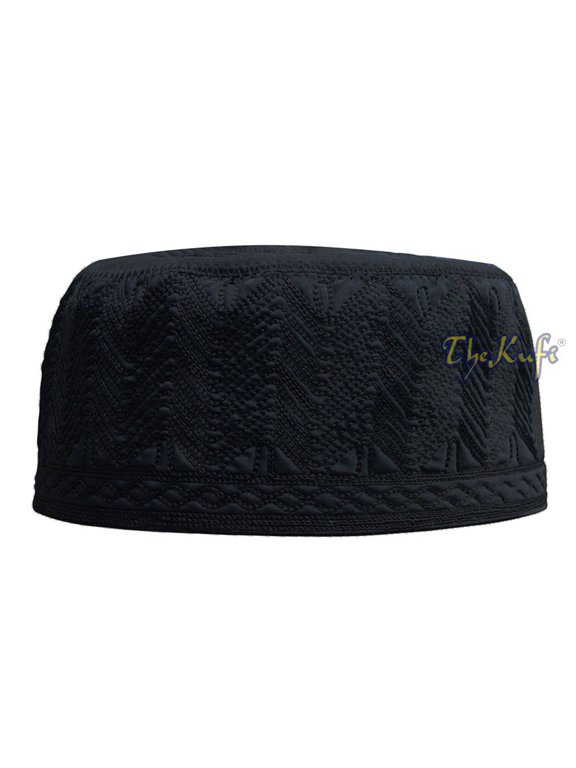 Black Madinah Kufi | Embroidered Mix Fabric 3-Inch Muslim Hat (M-22.5"(57.2cm))