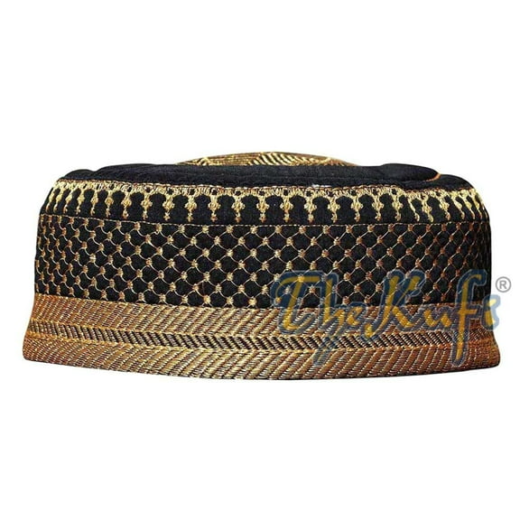 TheKufi® Black Metallic Gold-tone Thread Moslem Padded Soft Kufi Hat (S-56cm)