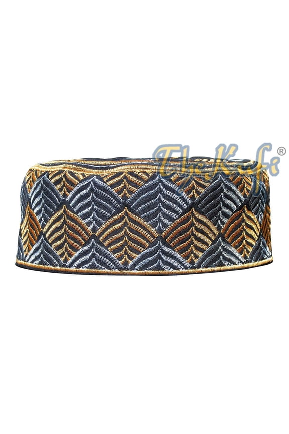 TheKufi® Black Silver Gold Embroidery Semi-rigid Kufi Hat Leaf Motif (L-58.4cm)