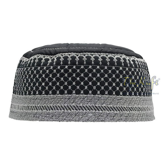 TheKufi® Black Topi Metallic Silver-tone Embroidery Padded Soft Cap (S-55.9cm)