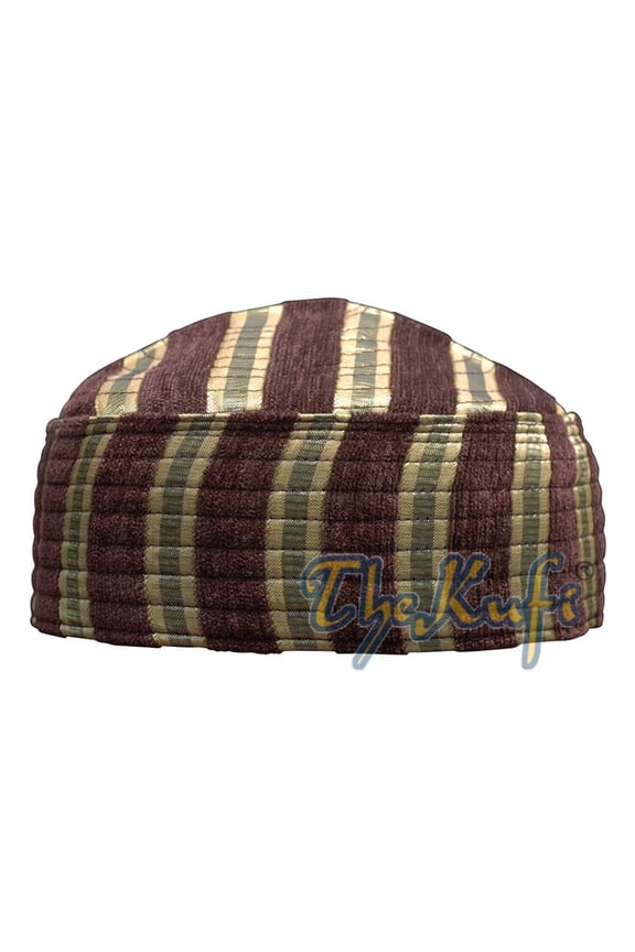 TheKufi® Brown and Gold Muslim Cap Oval Striped Velvet Mix Semi-rigid Crown (M)