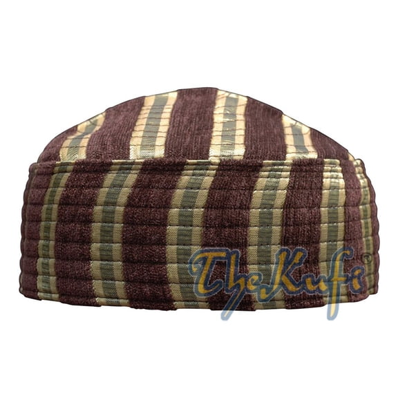 TheKufi® Brown and Gold Muslim Cap Oval Striped Velvet Mix Semi-rigid Crown (XL)