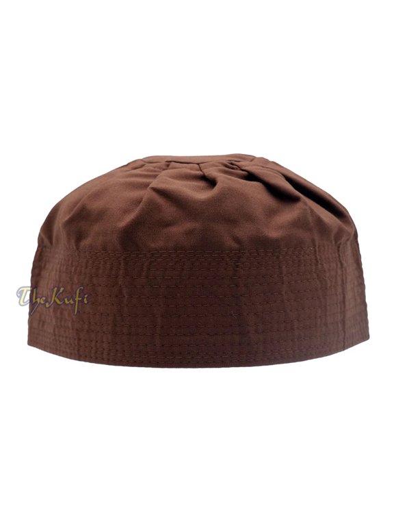 TheKufi Dark Brown Cotton Pleated Top 3-1/2 inch Tall Fabric Kufi Prayer Cap Beanie