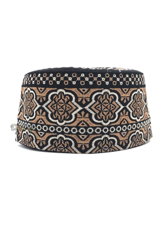 TheKufi® Tall Omani Kufi Islamic Hat Black Silver Brown Flower Embroidery (L)