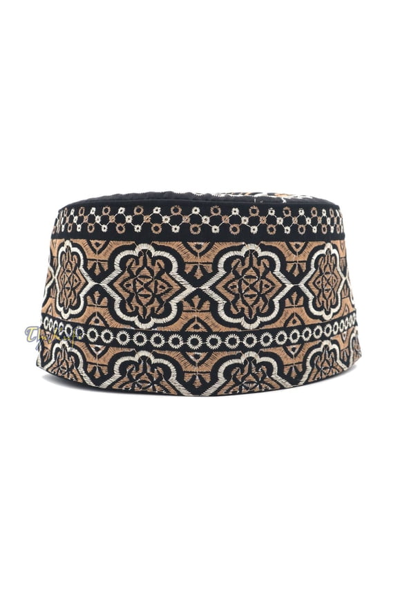TheKufi® Tall Omani Kufi Islamic Hat Black Silver Brown Flower Embroidery (S)
