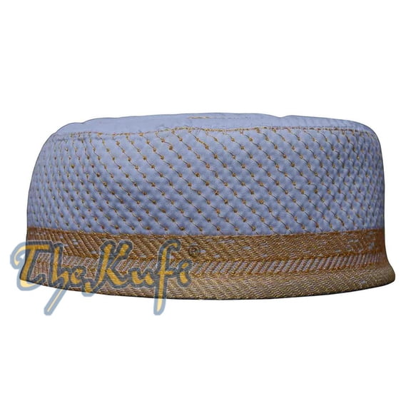 TheKufi® White Metallic Gold Embroidered Padded & Quilted Soft Kufi Hat Large Skull Cap