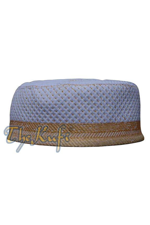 TheKufi® White Metallic Gold Embroidered Padded & Quilted Soft Kufi Hat Large Skull Cap