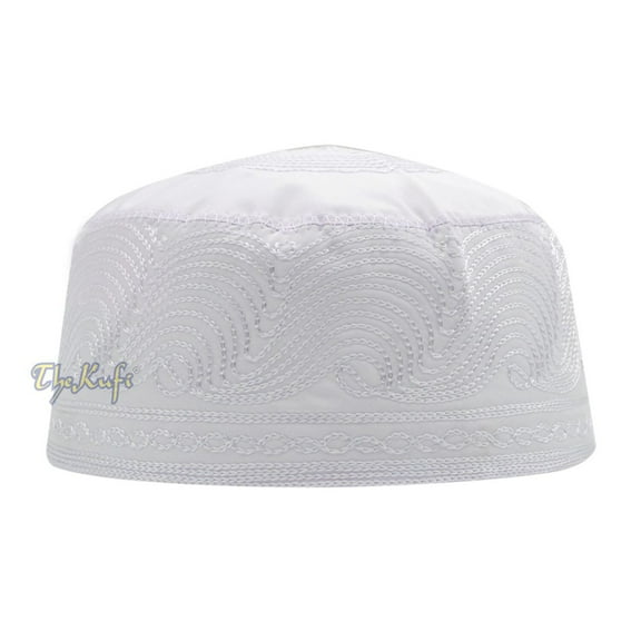 TheKufi® White Topi Embroidered 9cm Cotton-blend Muslim Kufi Takke Peci Hat (M)