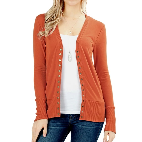 TheLovely Women Classic Thin Snap Button Front V-Neck Button Down Long Sleeve Ribbed Knit Cardigan