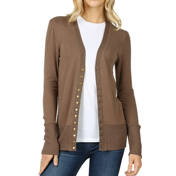 TheLovely Women Classic Thin Snap Button Front V-Neck Button Down Long Sleeve Ribbed Knit Cardigan