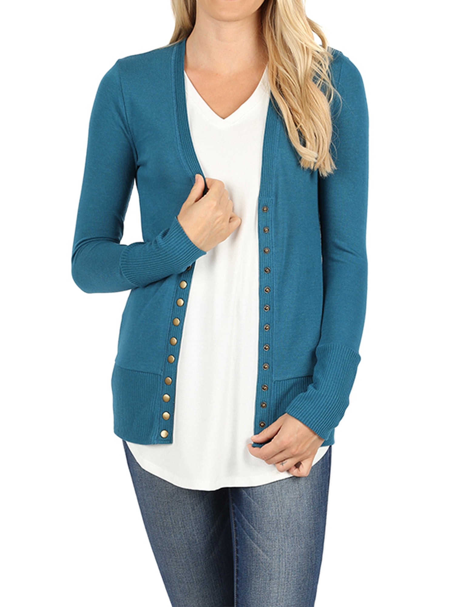 Thelovely Women Classic Thin Snap Button Front V Neck Button Down Long Sleeve Ribbed Knit