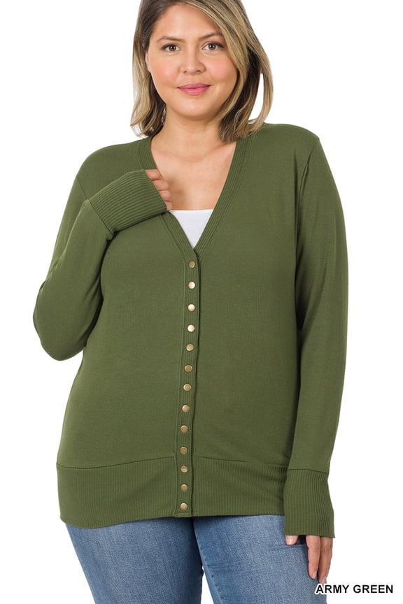 Women Classic Thin Snap Button Front V-Neck Button Down Long Sleeve Ribbed Knit Cardigan