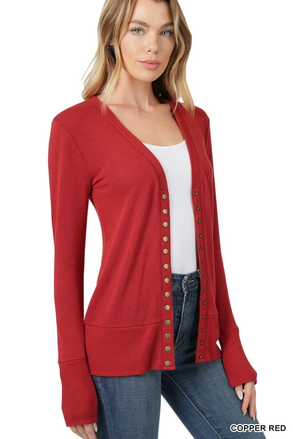 Women Classic Thin Snap Button Front V-Neck Button Down Long Sleeve Ribbed Knit Cardigan