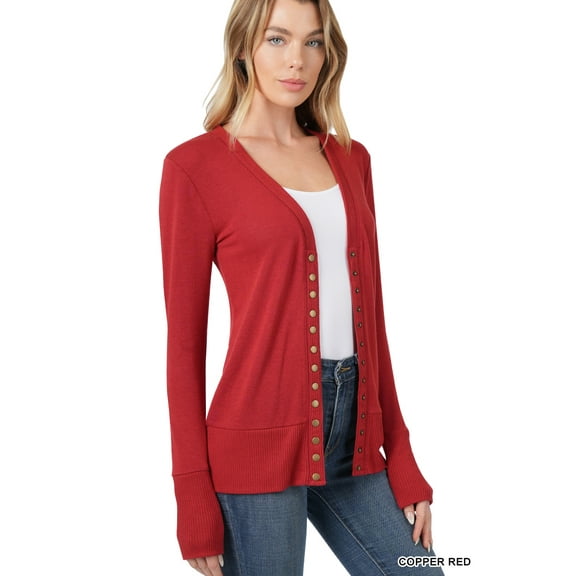 TheLovely Women Classic Thin Snap Button Front V-Neck Button Down Long Sleeve Ribbed Knit Cardigan