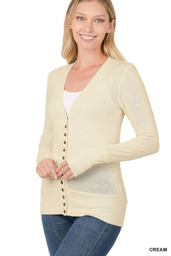 Women Classic Thin Snap Button Front V-Neck Button Down Long Sleeve Ribbed Knit Cardigan