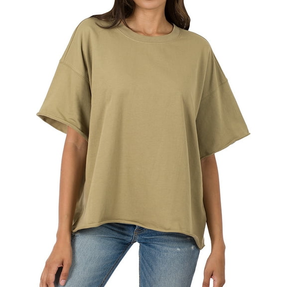 TheLovely Women & Plus Cotton French Terry Drop Shoulder Raw Edge Relaxed Casual Solid Tee Shirt Top