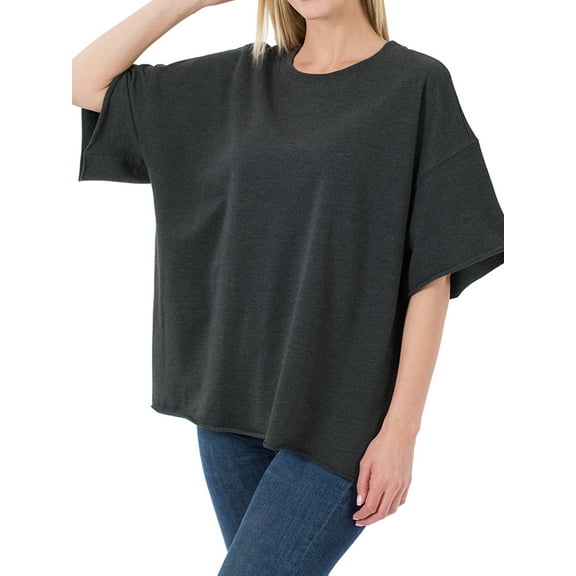 TheLovely Women & Plus Cotton French Terry Drop Shoulder Raw Edge Relaxed Casual Solid Tee Shirt Top