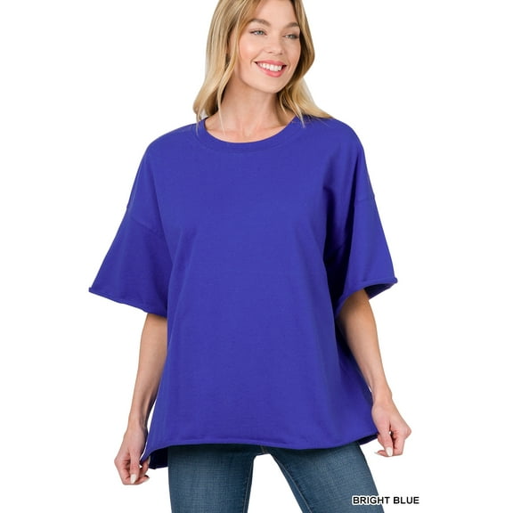 TheLovely Women & Plus Cotton French Terry Drop Shoulder Raw Edge Relaxed Casual Solid Tee Shirt Top