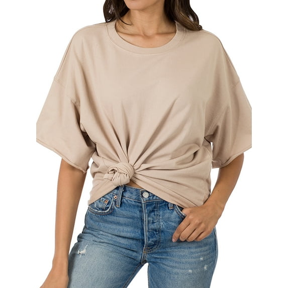 TheLovely Women & Plus Cotton French Terry Drop Shoulder Raw Edge Relaxed Casual Solid Tee Shirt Top