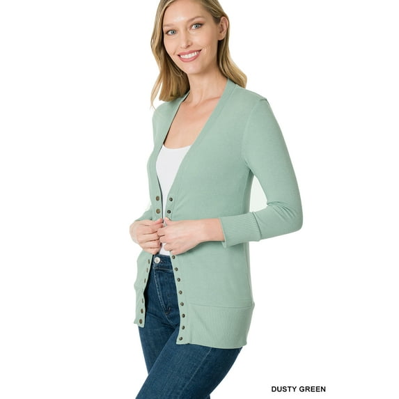 TheLovely Women & Plus Front V-Neck Classic Thin Snap Button Down 3/4 Sleeve Ribbed Knit Cardigan