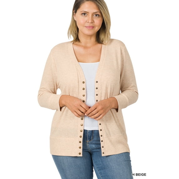 TheLovely Women & Plus Front V-Neck Classic Thin Snap Button Down 3/4 Sleeve Ribbed Knit Cardigan