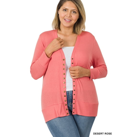 TheLovely Women & Plus Front V-Neck Classic Thin Snap Button Down 3/4 Sleeve Ribbed Knit Cardigan